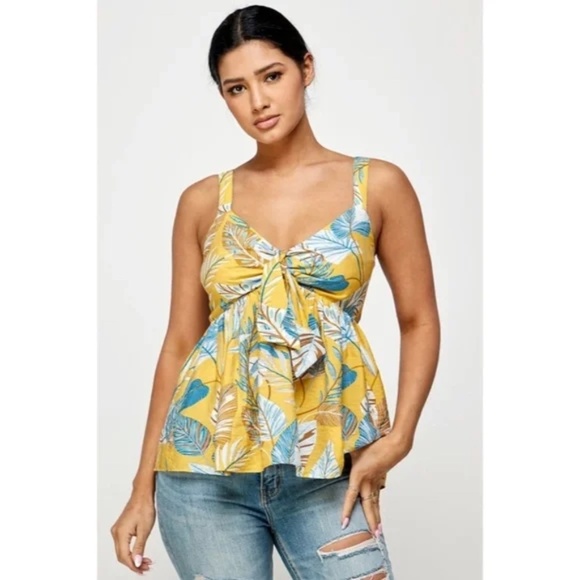 Honey Yellow Blue Tropical Floral Knotted Cami Babydoll Summer Vacation Tank Top - Picture 1 of 5